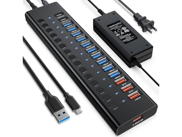 Powered USB 3.0 Hub, 16 Ports USB Hub Splitter(10 USB-A 3.0+2 QC 24W Fast Charging+2 Smart Charging+2 USB-C 3.0 Ports), 12V/8A 96W UL Certified...