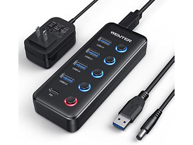 Powered USB 3.0 Hub, Wenter 5-Port USB Hub Splitter (4 Faster Data Transfer Ports+ 1 Type-C Charging Ports) with Individual LED On/Off Switches,...