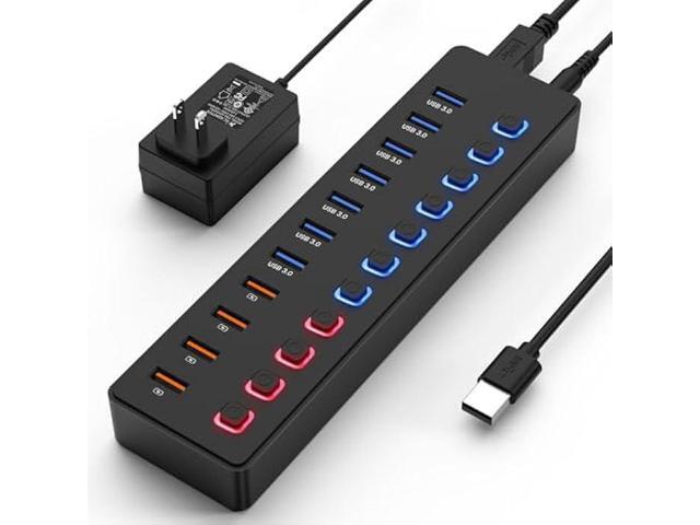 Powered USB hub,USB hub11-Port hub Splitter (7 USB 3.0 Data Transfer Ports + 4 Smart Charging Port), Independent Switch (with LED Working...