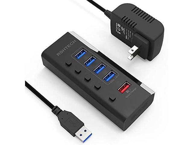 Powered USB Hub, RSHTECH USB 3 Hub with 4 USB 3.0 Data Ports + 1 USB Fast Charging Port, USB Splitter with 24W(12V/2A) Power Adapter and Individual...