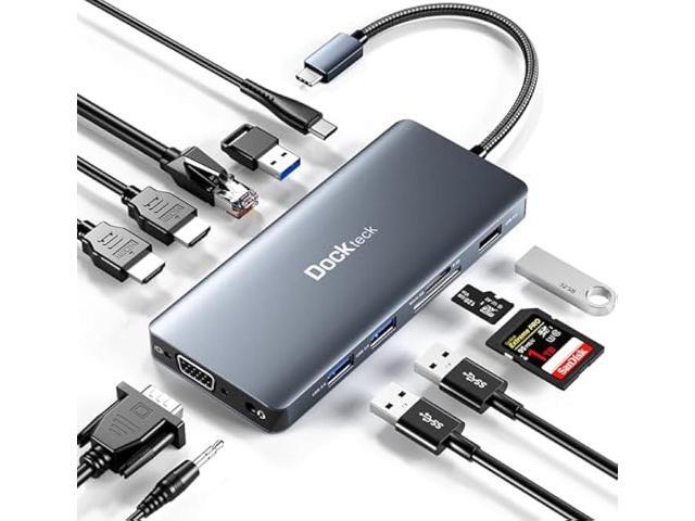 USB C Docking Station, dockteck 12 in 1 USB C Hub Adapter with 2 HDMI 4K, VGA, Ethernet, 4 USB-A Ports, Audio, 100W PD, SD/TF Card Reader for.