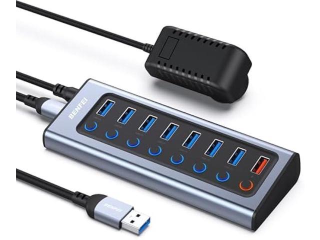BENFEI 8-Port USB Hub with Power Adapter, USB Splitter Hub(7 Faster Data Transfer Ports + 1 Smart Charging Port) with Individual LED On/Off Switches