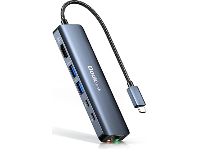 Dockteck USB-C 6 in 1 Multiport Adapter - 8K HDMI, 2 USB-A 5 Gbps, 100W PD, 1Gbps Ethernet for MacBook Pro, Air, HP, XPS and More