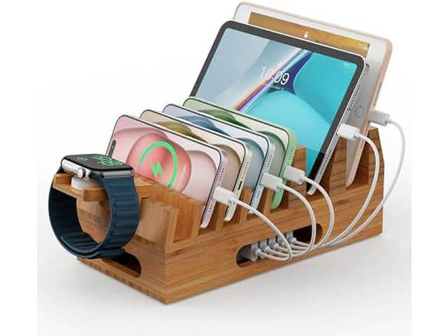 Pezin & Hulin Bamboo Charging Station Organizer for Multiple Devices & Wood Desktop Docking Charging Stand Such As Cell Phone, Tablets, Phone Case...