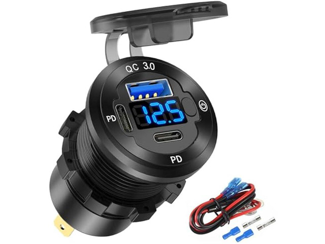12V USB Car Socket Round USB C 12V Outlet, 3-Port Marine Fast Charger Waterproof Cigarette Outlet Replacement Aluminum with Switch & Voltmeter,...