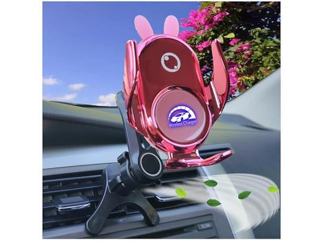 Car Phone Holder Mount Wireless Charging Auto Clamping Rotatable Vent Clip Cute Pink Rabbit Woman for iPhone Samsung Andriod Phone