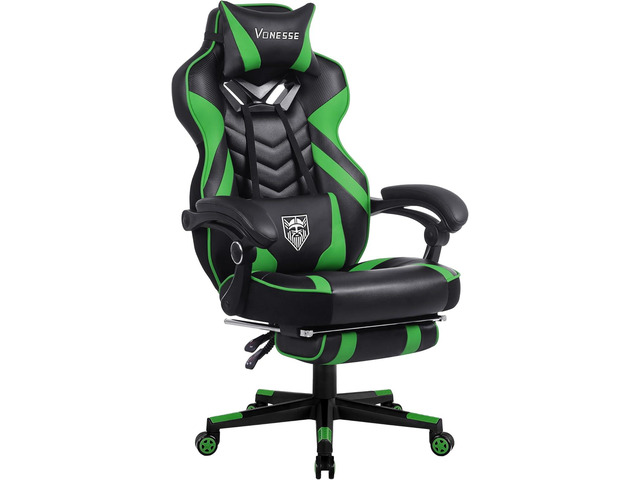 Vonesse Gaming Chair for Adults,Computer Chair with High Back,Big and Tall Gaming Chairs with Footrest and Massage,Reclining Gamer Chair(Green/Black)