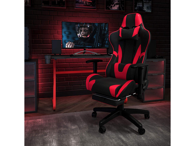 Flash Furniture Red Gaming Desk and Red/Black Footrest Reclining Gaming Chair Set with Cup Holder and Headphone Hook