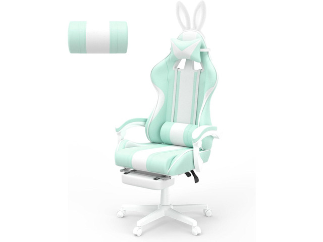 Ferghana Kawaii Light Green Gaming Chair with Bunny Ears, Ergonomic Cute Gamer Chair with Footrest and Massage, Racing Reclining Leather Computer...