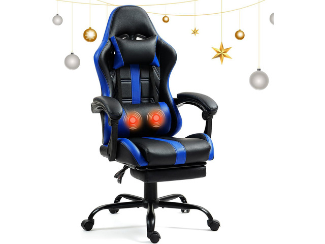 Massage Gaming Chair with Footrest, Ergonomic PU Leather Computer Chair w/Headrest and Lumbar, Height Adjustable, 360° Swivel Desk Office Chair, Blue