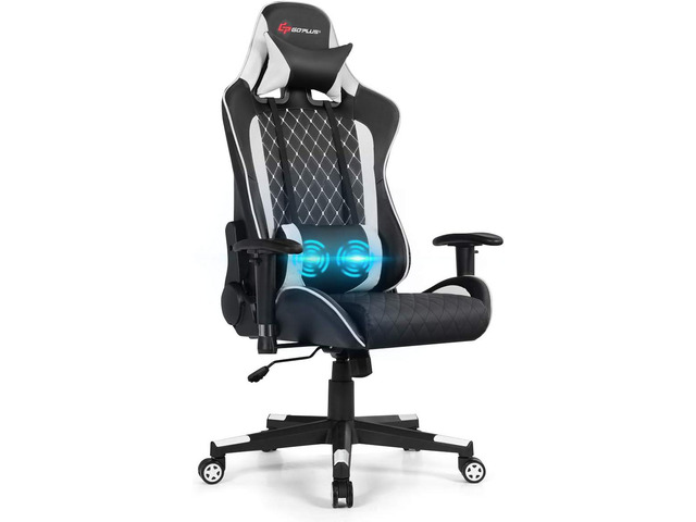 POWERSTONE Gaming Chair, Gaming Recliner with Adjustable Armrest Massage Lumbar Pillow Wide Cushion Ergonomic Office Computer Chair for Adults, White