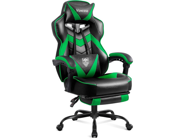 Vonesse Gaming Chair,Computer Chair with Footrest and Massage,Reclining Gaming Chairs for Adults,Big and Tall High Back Gamer Chair (Green/Black)