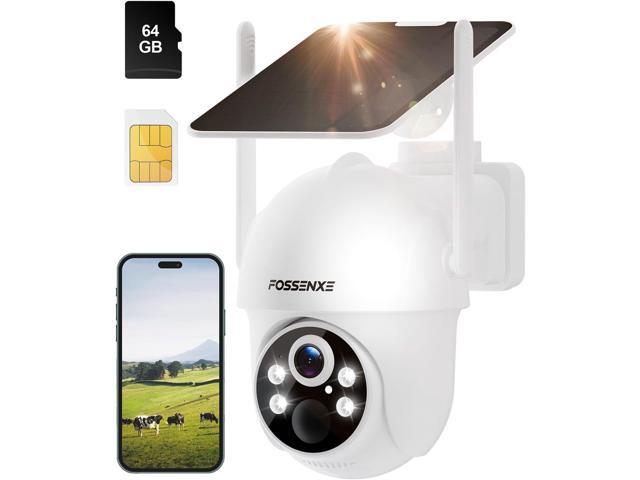 4G LTE Cellular Security Camera, No WiFi Solar Powered Camera with SIM Card and 64GB SD Card, 2K Color Night Vision, 360° Auto-Tracking, PIR Motion.
