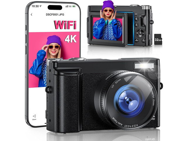 4K Digital Camera for Photography, WiFi 64MP 180° Flip Screen 3' Autofocus Vlogging Camera for YouTube, 16X Zoom Compact Point and Shoot Cameras...