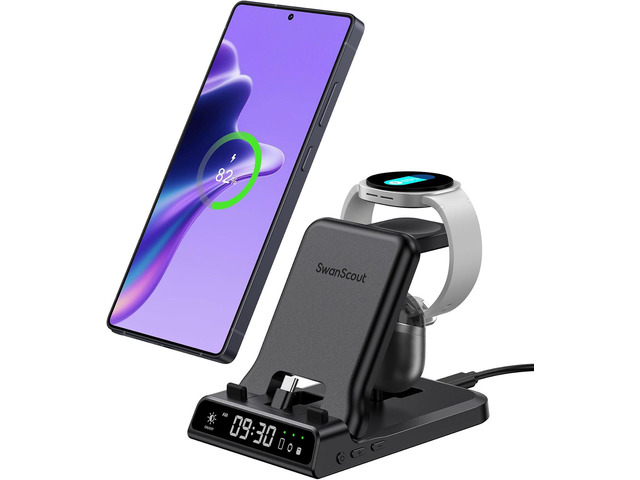 25W USB C Fast Charging Station for Samsung, SwanScout 701S, Foldable 3 in 1 Charging Dock Stand for Galaxy S25/S24/Z Flip 7/Fold 7/A56/A36/USB C...
