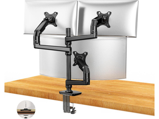 Triple Monitor Mount, Holds Screens up to 40 Inches and 25 lbs, Fully Adjustable 3 Monitor Desk Mount with C-Clamp and Grommet Base, Aluminum, Black
