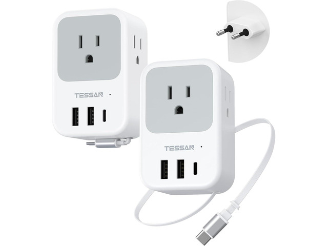 TESSAN European Travel Plug Adapter 2 Pack, Built-in 20W Retractable USB-C Cable, Type C Power Adapter with 3 AC Outlets 4 USB Ports for US to...
