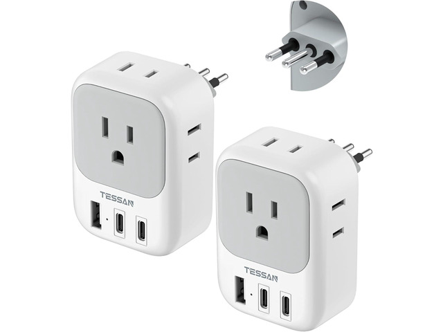 Italy Travel Plug Adapter 2 Pack, TESSAN Type L Adapter for Travel with 4 Outlets 3 USB (2 USB-C), Power Adaptor for US to Italy Chile Rome Uruguay...