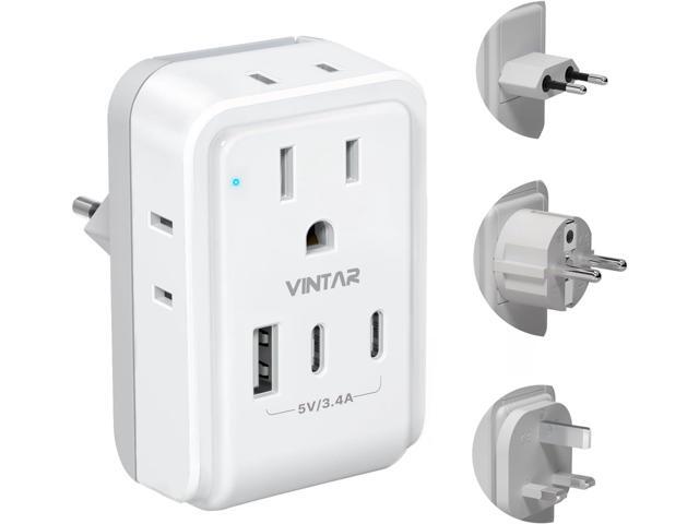 VINTAR European Travel Plug Adapter Kit, Adapter for Europe Plug with 3 USB Ports (2 USB C) 4 AC Outlets, Type C,G,E/F Detachable Attachments,.
