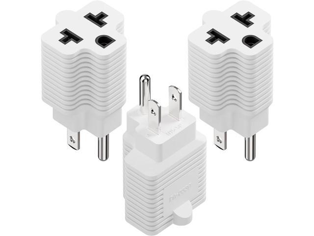 4-in-1 15 Amp to 20 Amp AC Adapter - 5-15P to 5-20R, 6-15R, 6-20R, 15A 125V to 20A 250V (White, 3 Pack)