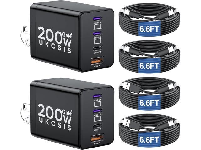 2 Pack 200W USB C Charger Block, Foldable 4-Port GaN5 Super Fast Charger USB C, Dual 65W Type C Charging Block, Laptop Fast Charging Adapter for...