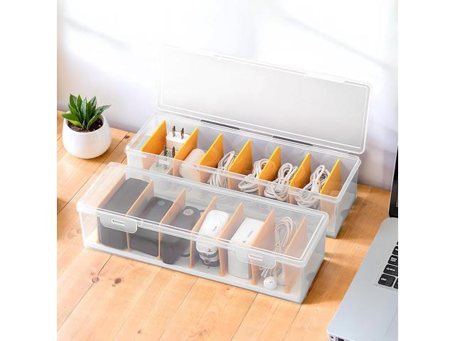 2 Pack Clear Cable Organizer Box with Lid, Plastic Charger Cable Cord Storage Organizer, Office Desk Organizers, Multifunctional Accessories.