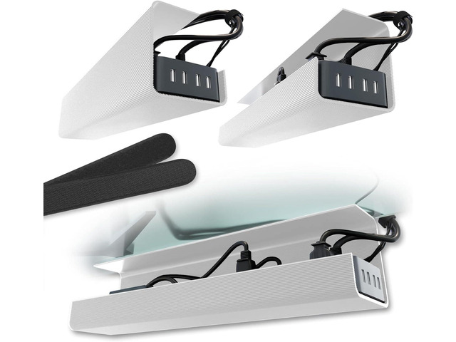 No-Screw Under Desk Cable Management Tray - Self-Adhesive Installation, Cord Management, Cable Tray, Under Desk Wire Organizer - White Set of 2
