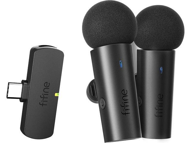 FIFINE Wireless Lavalier System with 2 Microphones, Lapel Mic Clear Sound for YouTube Video Interview Vlog, Dual Mini Mic with Type C Receiver for...