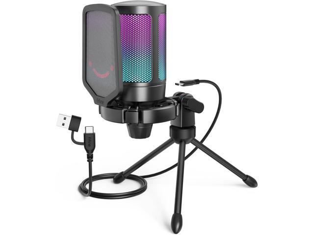 FIFINE Gaming USB Microphone for PC PS5, Condenser Mic with Quick Mute, RGB Indicator, Tripod Stand, Pop Filter, Shock Mount, Gain Control for.