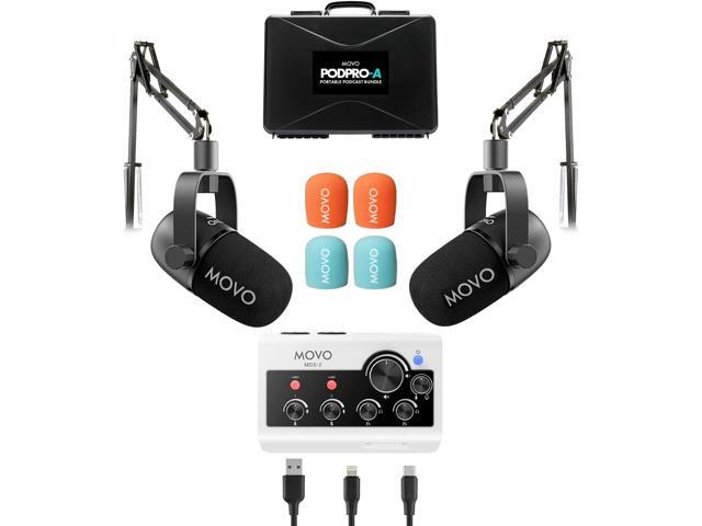 Movo Portable Podcast Equipment Bundle for iPhone/Android Phones- Podcast Kit with Audio Interface, 2 CastMic Dynamic Mics, 2 Boom Arms - for.