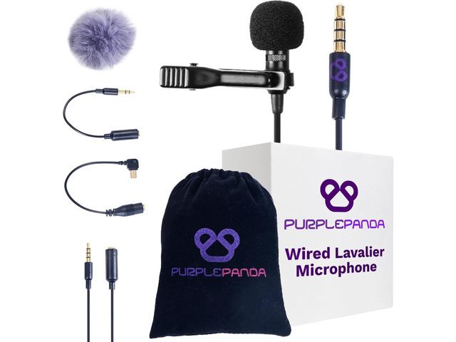 Purple Panda Wired Lavalier Microphone Omnidirectional Attachable Lapel Mic Compatible with GoPro, DJI, Insta360, Tablet, iPad, DSLR, Camera,...