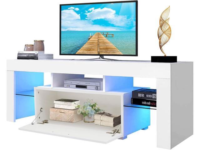 TV Stand for 55+ 60 inch Tvs - White Morden TV Stand with LED Lights, High Glossy Entertainment Center with Storage Cabinet, LED Media Console...
