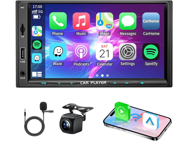 7 Inch Double Din Car Stereo with Wireless Apple Carplay & Android Auto Navi Radio Head Unit with Touch Screen Bluetooth AM/FM Receiver/Mirror...