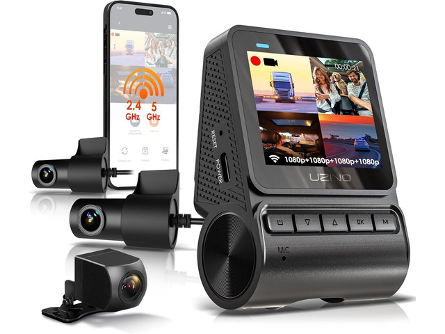 Quad-Channel Dash Cam 1080p Front, Rear, Cabin & Exterior Coverage Wi-Fi Optional GPS 2' LCD 170° Wide Angle 24-Hour Parking...