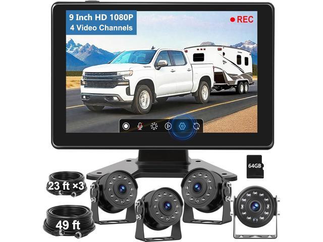 Wired Backup Camera System with 9' HD Touch DVR Recording IPS Quad Split Monitor, 64GB Card1080P IP69K Waterproof IR Night Vision 4 Front Side Rear...