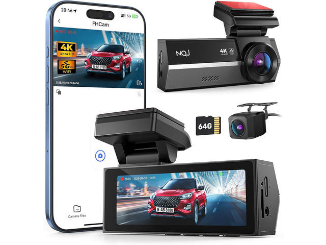 Dash Cams Front and Rear, NQJ 4K+2K Dual Dash Camera for Cars w 64GB Card, 5G Wi-Fi & App, G-Sensor, 3.2 Screen, 24H Parking Mode, 170°Wide Angle,...