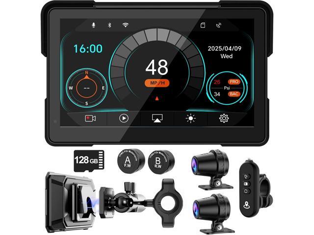 2026 LBW 7' Wireless GPS Motorcycle CarPlay(Includes 128G SD) with Android Auto Navigation, Dual 2K Dash Cam, HD Waterproof Screen, TPMS, Remote...