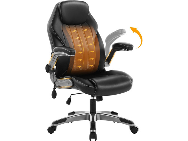 Office Desk Chair, Ergonomic Computer Chair with Padded Flip-Up Arms and Adjustable Lumbar Support, PU Leather Executive Chair with Tilt Lock and...