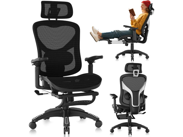 Ergonomic Office Chair, Mesh Desk Chair with Footrest, Adjustable Lumbar Support, 3D Armrest & Large Headrest, 3-Gear Tilt Recline, Stable Swivel...