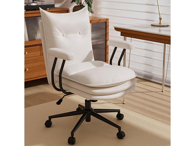 White Leather Office Chair with Wheels, Triple-Layers Thicken Wide Seat Height Adjustable, Mid Back, Comfy Desk Chair for Home, Office