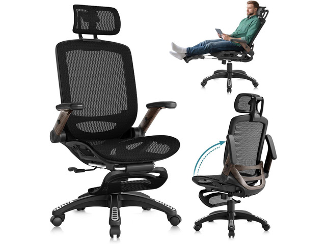 GABRYLLY Ergonomic Office Chair with Footrest, High Back Mesh Computer Chair with Flip-Up Arm, 3D Headrest, 135° Reclining, Rolling Gaming Task...