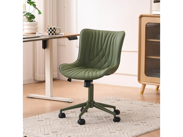 YOUTASTE Green Armless Office Chair, Modern Adjustable Swivel Desk Chair with Wheels, Upholstered PU Leather, Green Metal Legs, Back Support for...
