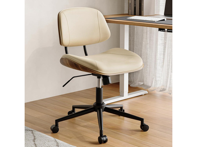 Armless Office Chair with Wheels, PU Leather Adjustable Height Desk Chair - 360Â° Swivel Ergonomic Computer Chair for Small Space, Modern Walnut...