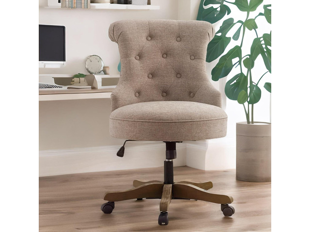 HUIMO Home Office Chair Upholstered Armless Linen Fabric Desk Chair with Wheels Adjustable Height Computer Desk Chair with Wooden Legs No Arms...