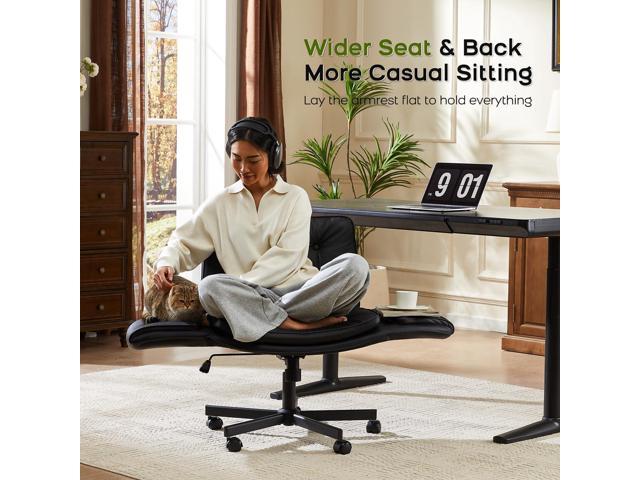 Criss Cross Chair with Armrests & Wheels, PU Leather Vanity Chair, Comfortable Adjustable Swivel Computer Office Desk Chairs for Home, Make Up, Bed...