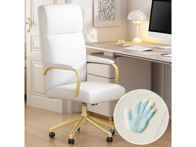 White and Gold Office Desk Chair Memory Foam, High Back Leather Executive Office Chair with Wheels and Arms for Women Girls Teens Adults