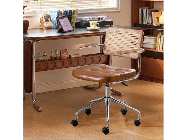 Zesthouse Modern Home Office Chair Leather Desk Chair with Natural Rattan Back, Vanity Chair for Girls Women, Upholstered Tufted Swivel Armchair,.