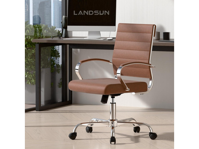 LANDSUN Home Office Chair Mid Back Desk Chair PU Leather Ribbed Executive Swivel Computer Chair with Wheels and Armrests Soft Padded Adjustable...
