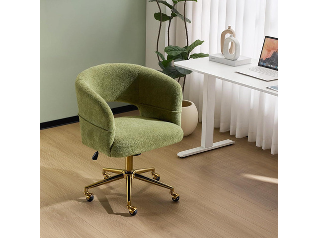 VINGLI Modern Curved Office & Vanity Desk Chair, Cute Upholstered Nail Chair with Wheels & 360° Swivel & Club & Tilting & Gold Base, for Bedroom,...