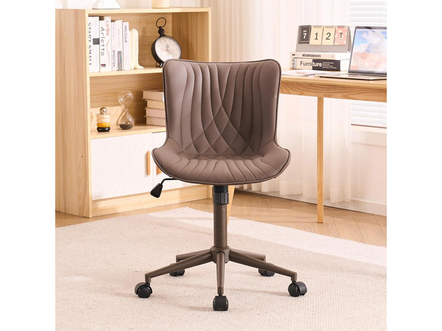 YOUTASTE All Brown Armless Office Chair, Modern Adjustable Swivel Desk Chair with Wheels, Upholstered PU Leather, Brown Metal Legs, Back Support...